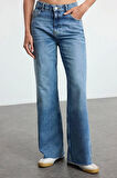 Stil Kadın Moda Denim Kot Pantolon Uzun Geniş Paça Mavi Yüksek Bel Jeans
