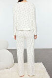 Tarz Rahat Uzun Kollu Geniş Paça %100 Pamuklu Ayıcık Desenli Örme Pijama Takımı