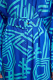 Moda Stil Regular Gömlek Yaka Midi Boy Kemerli Geometrik Desenli Dokuma Gömlek Elbise