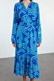 Moda Stil Regular Gömlek Yaka Midi Boy Kemerli Geometrik Desenli Dokuma Gömlek Elbise