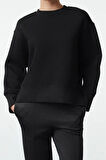 Regular Bisiklet Yaka Düşük Kol Regular Kalın İçi Polarlı Normal Kalıp Basic Örme Sweatshirt