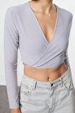 Stil Kadın Yaka Fitted Vücuda Oturan Esnek Bluz Crop Örme Slim Kalıp