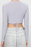 Stil Kadın Yaka Fitted Vücuda Oturan Esnek Bluz Crop Örme Slim Kalıp