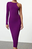 Moda Stil Fitted Asimetrik Yaka Midi Boy Vücuda Oturan Tek Kol Örme Elbise