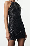 Moda Stil Fitted Halter Yaka Mini Boy Vücuda Oturan Dokuma Payet Kısa Elbise