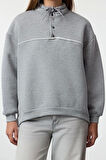 Bol Dik Yaka Düşük Kol Uzun Çıtçıtlı Kalıp Çıtçıtlı Biyeli Kalın İçi Polarlı Örme Sweatshirt