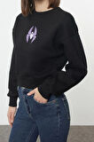 Crop Bisiklet Yaka Düşük Kol Crop Örümcek Baskılı Normal Kalıp Kalın Polarlı Örme Sweatshirt
