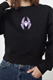 Crop Bisiklet Yaka Düşük Kol Crop Örümcek Baskılı Normal Kalıp Kalın Polarlı Örme Sweatshirt