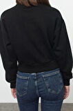 Crop Bisiklet Yaka Düşük Kol Crop Örümcek Baskılı Normal Kalıp Kalın Polarlı Örme Sweatshirt