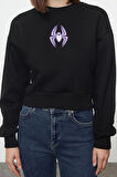 Crop Bisiklet Yaka Düşük Kol Crop Örümcek Baskılı Normal Kalıp Kalın Polarlı Örme Sweatshirt