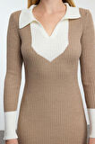 Moda Stil Slim Polo Yaka Midi Boy Triko Renk Bloklu Elbise