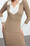 Moda Stil Slim Polo Yaka Midi Boy Triko Renk Bloklu Elbise