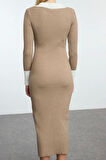 Moda Stil Slim Polo Yaka Midi Boy Triko Renk Bloklu Elbise