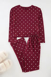 Tarz Rahat Uzun Kollu Boru Paça %100 Pamuklu Puantiye ve Kalp Desenli Örme Pijama Takımı