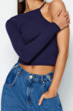 Stil Kadın Fitilli Fitted Vücuda Oturan Esnek Bluz Crop Örme Slim Kalıp Tek Kol