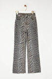 Stil Kadın Moda Denim Kot Pantolon Uzun Boru Paça Leopar Desenli Kahverengi Yüksek Bel Jeans