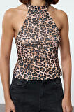 Stil Kadın Leopar Baskılı Fitted Vücuda Oturan Esnek Bluz Regular Örme Slim Kalıp