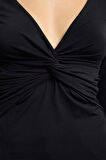 Stil Kadın Büzgü Drape Detaylı Fitted Vücuda Oturan Kollu Esnek Bluz Crop Örme Slim Kalıp