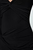 Moda Stil Fitted V Yaka Mini Boy Vücuda Oturan Düğüm Detaylı Örme Elbise