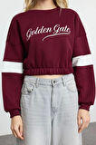 Relaxed Bisiklet Yaka Düşük Kol Crop Kalın Polarlı Rahat Kesim Slogan Nakışlı Örme Sweatshirt
