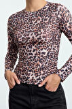 Stil Kadın Leopar Fitted Vücuda Oturan Büzgü Drape Detaylı Bluz Regular Örme Slim Kalıp