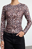Stil Kadın Leopar Fitted Vücuda Oturan Büzgü Drape Detaylı Bluz Regular Örme Slim Kalıp