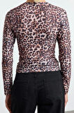 Stil Kadın Leopar Fitted Vücuda Oturan Büzgü Drape Detaylı Bluz Regular Örme Slim Kalıp