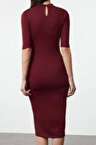 Moda Stil Slim Dik Yaka Midi Boy Bodycone Vücuda Oturan Truvakar Kol Örme Elbise