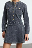 Moda Stil Denim Bisiklet Yaka Mini Boy Cep Detaylı Elbise