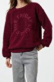 Tarz Bol Bisiklet Yaka Düşük Kol Uzun Peluş Nakışlı Overize Geniş Kalıp Kalın Örme Sweatshirt
