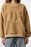 Tarz Bol Bisiklet Yaka Düşük Kol Uzun Peluş Nakışlı Overize Geniş Kalıp Kalın Örme Sweatshirt