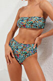 Moda Leopar Atma Kap Straplez Yüksek Bel Hipster Yeşil Straplez Yüksek Bel Hipster Bikini Takımı