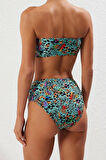 Moda Leopar Atma Kap Straplez Yüksek Bel Hipster Yeşil Straplez Yüksek Bel Hipster Bikini Takımı