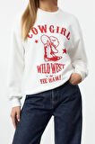 Relaxed Bisiklet Yaka Düşük Kol Kalın İçi Polarlı Western Baskılı Normal Kesim Örme Sweatshirt