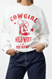 Relaxed Bisiklet Yaka Düşük Kol Kalın İçi Polarlı Western Baskılı Normal Kesim Örme Sweatshirt