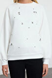 Relaxed Bisiklet Yaka Reglan Kol Uzun Taş Rahat Kalıp Kalın İçi Polarlı Örme Sweatshirt