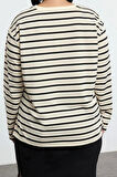 Büyük Beden Regular Bisiklet Yaka Standart Kol Regular Çizgili Normal Kalıp Örme Sweatshirt