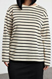 Büyük Beden Regular Bisiklet Yaka Standart Kol Regular Çizgili Normal Kalıp Örme Sweatshirt