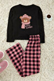 Tarz Rahat Uzun Kollu Geniş Paça %100 Pamuklu Ayıcık Baskılı Ekoseli Örme Pijama Takımı
