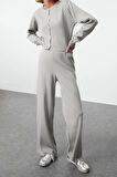 Tarz Kadın Modern Moda Normal Bel Boru Paça Bisiklet Yaka Crop Hırka-Pantalon Triko Alt-Üst Takım