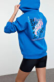 Tarz Bol Kapüşonlu Düşük Kol Uzun Ön Arka Baskılı Geniş Kalıp Örme Sweatshirt