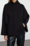 Tarz Bol Kapüşonlu Yarasa Kol Uzun Yarasa Kol Overize Geniş Kalıp Örme Sweatshirt