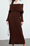 Moda Stil Fitted Carmen Yaka Maxi Boy Tesettür Dokuma Garnili Triko Elbise