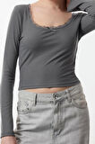 Stil Kadın Kare Yaka Dantel Detaylı Kısa Bluz Crop Örme Slim Kalıp