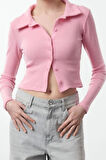 Stil Kadın Düğme Detaylı Vücuda Oturan Polo Yaka Fitilli Esnek Bluz Crop Örme Slim Kalıp