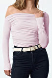 Stil Kadın Büzgü Drape Detaylı Fitted Vücuda Oturan Kollu Esnek Bluz Regular Örme Slim Kalıp