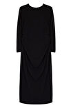 Moda Stil Slim Bisiklet Yaka Maxi Boy Büyük Beden Büzgü Detaylı Shift Örme Büyük Beden Elbise