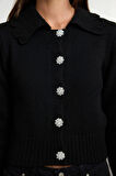 Stil Modern Kadın Crop Standart Kol Polo Yaka Yumuşak Dokulu Mücevher Düğmeli Triko Hırka
