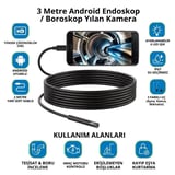 3 Metre Android Telefon Uyumlu 6 LED Işıklı Su Geçirmez Endoskop / Boroskop Yılan Kamera HD