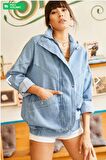 Kadın Mavi Cepli Mevsimlik Fermuarlu Çıtçıtlı Uzun Denim Ceket